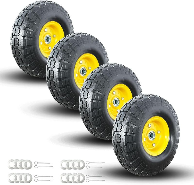 Photo 1 of 4.10/3.50-4 tire and Wheel Flat Free,10" Solid Tire Wheel with 5/8" Bearings,2.1" Offset Hub,for Garden Carts,Dolly,Trolley,Dump Cart,Hand Truck/Wheelbarrow/Garden Wagon (4-Pack)

