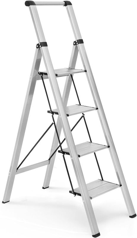 Photo 1 of 4 Step Ladder, Aluminum Folding Step Stool with Convenient Handgrip, Lightweight Step Ladder with Anti-Slip Sturdy Pedal for Home, Kitchen and Office, Silver, 330 Lbs Capacity
