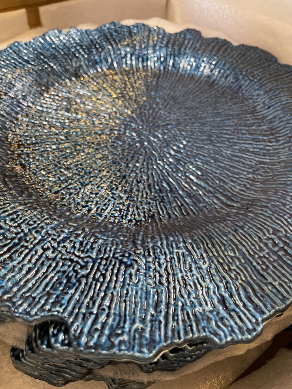 Photo 1 of Blue Plastic Reef Charger Plates - 12 pcs 13 Inch Round Floral Sponge Charger Plates Wedding Party Decoration (Blue, 12) 12 Reef Blue