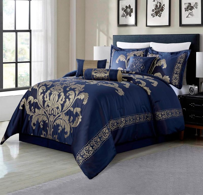 Photo 1 of Chezmoi Collection 7-Piece Jacquard Floral Comforter Set (King, Navy/Gold)
