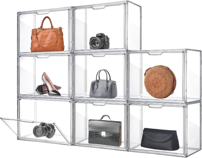 Photo 1 of 8 Pack Large Acrylic Display Case with Magnetic Door Clear Purse Handbag Storage Box Plastic Storage Organizer for Closet Stackable Shoe Box Dustproof Showcase for Wallet Book Toy Clutch

