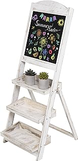 Photo 1 of MyGift Shabby Whitewashed Wood Freestanding Chalkboard Easel with 3-Tiered Display Shelves, Decorative Chalkboard Plant Shelf Stand
