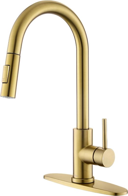 Photo 1 of Tohlar Gold Kitchen Faucets with Pull-Down Sprayer, Modern Kitchen Sink Faucet Stainless Steel Single Handle Kitchen Faucet with Deck Plate, Brushed Gold
