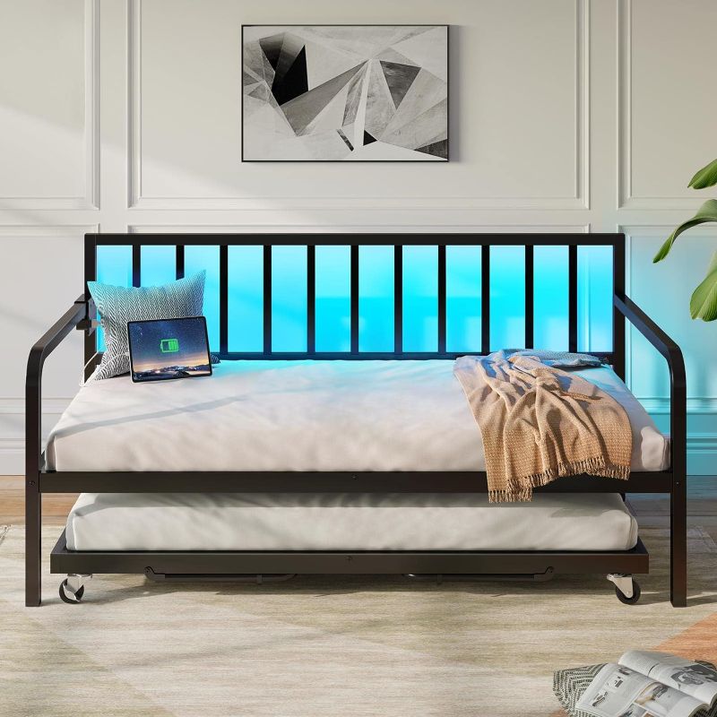 Photo 1 of Rolanstar Daybed with Charging Station and LED Lights, Height Adjustable Twin Daybed with Trundle, Metal Sofa Bed Frame with Steel Slat Support for Living Room, Bedroom and Guest Room, Black
