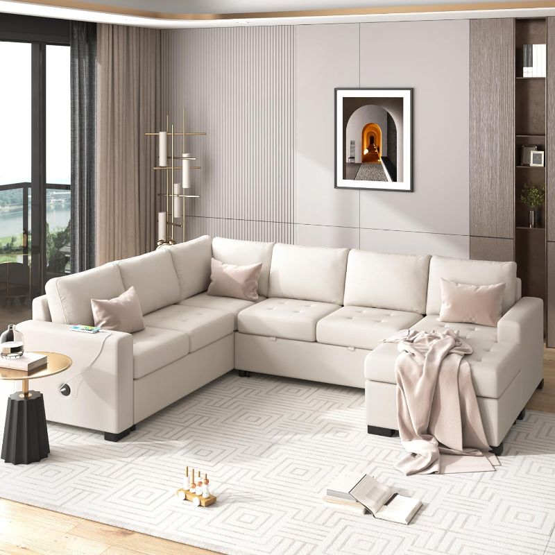 Photo 1 of 108.3" Modular Combination Sofa with Ottoman, L-Shaped Corner Combination Sofa Set with Stretchable Hidden Seats, Chenille Fabric Sectional Sofa for Living Room Apartment Office (Beige-52t1)
