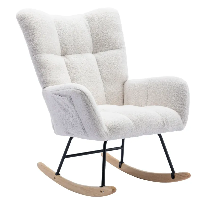 Photo 1 of Soft Teddy Fabric Rocking Chair with Pocket, Upholstered Glider Chair with High Backrest Armchair Chair for Nursery Living Room Bedroom Balcony, White
