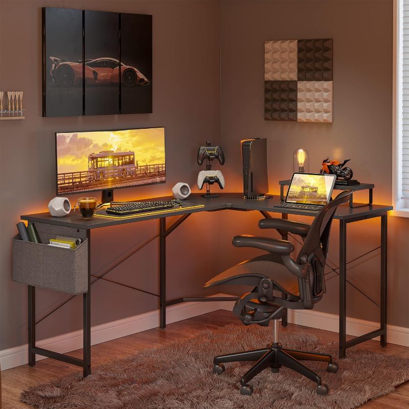 Photo 1 of CubiCubi L Shaped Gaming Desk, 47.2 inch Computer Corner Desk with with Carbon Fiber Surface and Monitor Shelf for Home Office Study Writing Workstation