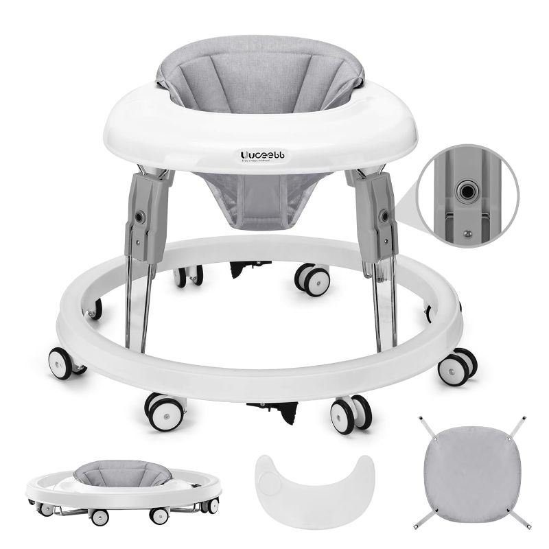 Photo 1 of One-Touch Folding Baby Walker, Anti-Roll 8-Wheel Round Chassis, 5-Speed Height Adjustment, with Large Dinner Plate and Brake, 6-18 Months Baby Walker, Gray

