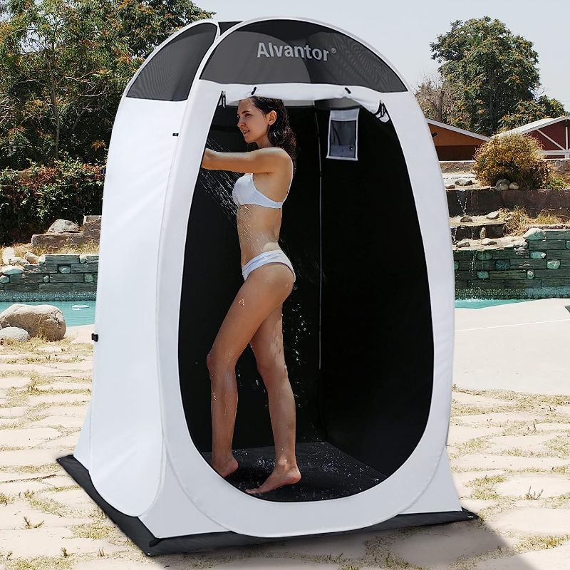 Photo 1 of Alvantor Shower Tent Changing Room Outdoor Toilet Privacy Pop Up Camping Dressing Portable Shelter Teflon Coating Fabric 4’x4’x7' Patent Pending, White
