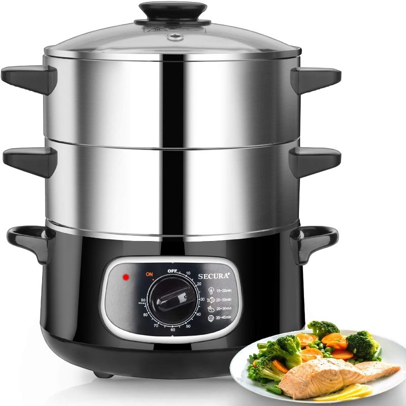 Photo 1 of Secura 2 Stainless Steel Food Steamer 8.5 Qt Electric Glass Lid Vegetable Steamer Double Tiered Stackable Baskets with Timer
