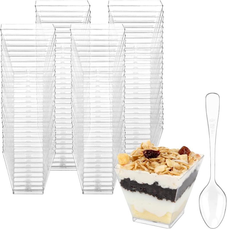 Photo 1 of Colovis Mini Dessert Cups, 200 CT 2oz Clear Plastic Parfait Appetizer Cups with Spoons Mini Square Dessert Bowls for Serving, Tasting (200)