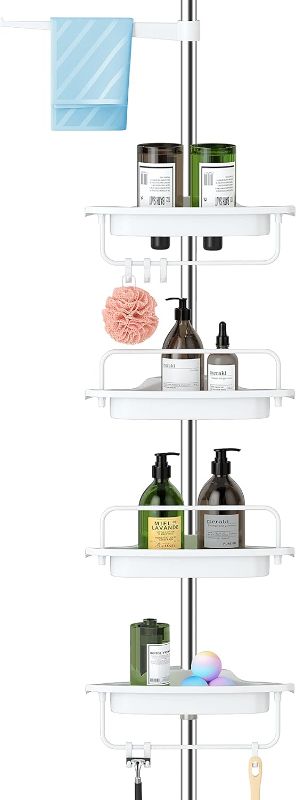 Photo 1 of ALLZONE Rustproof Shower Caddy Corner for Bathroom,Bathtub Storage Organizer for Shampoo Accessories,4-Tier Adjustable Shelves with Tension Pole, 39.2 to 113 Inch, White
