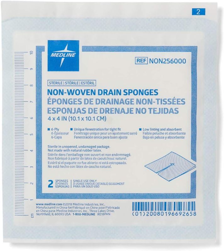 Photo 1 of Medline Nonwoven Drain Sponges, Sterile, 6-Ply Gauze, 4" x 4 Bundle 