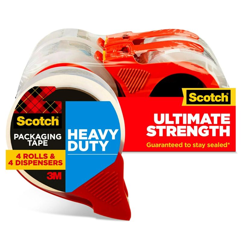 Photo 1 of Scotch Heavy Duty Shipping Packing Tape, Clear, Shipping and Packaging Supplies, 1.88 in. x 54.6 yd., 4 Tape Rolls with 4 Dispensers
