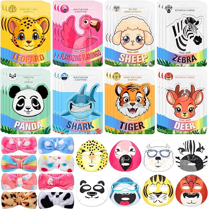 Photo 1 of Dunzy 48 Pcs Animal Theme Skin Facial Masks Animal Character Kids Spa Face Masks with Spa Headband Bow Masks Skincare for Girls, Women, Spa Day Party, Girls Night, Birthday Party, 8 Styles
