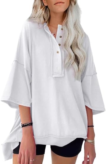 Photo 1 of Medium SHEWIN Women's Fashion Oversized T Shirts Casual Short Sleeve Sweatshirt Button Down Henley Neck Summer Tops Tees
