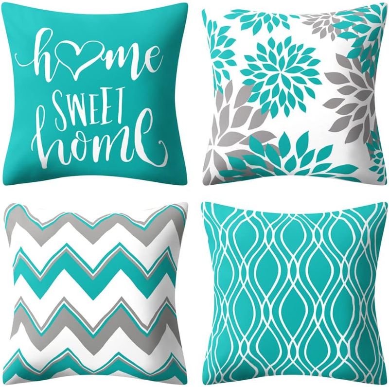 Photo 1 of Teal Pillow Covers 18x18 Set of 4 Turquoise and Grey Blue Geometric Decorative Throw Pillow Cushion Covers for Couch Living Room Bed Outdoor Patio Furniture Indoors Home Decor…
