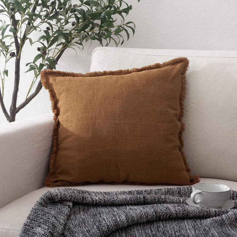Photo 1 of ATLINIA Linen Decorative Throw Pillow Cover 20'' x 20'' Fringed Throw Pillow Cover Pillow Cases Accent Pillows for Bed Brown Pillow Cover
