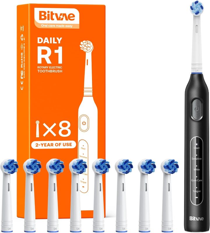 Photo 1 of Bitvae R1 Rotating Electric Toothbrush with 8 Brush Heads for Adults and Kids, 60-Day Battery Life, 5 Modes Rechargeable Power Toothbrush with 2-Minute Smart Timer, Black
