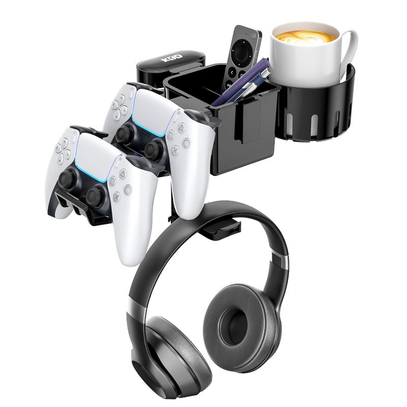 Photo 1 of KDD 5 in 1 Desk Controller Holder - Rotating Headphone Hanger with Cup Holder - Clamp On Desk Organizer Holds Controller, Headphone, Cup, Mobile phone and Pen(Black)
