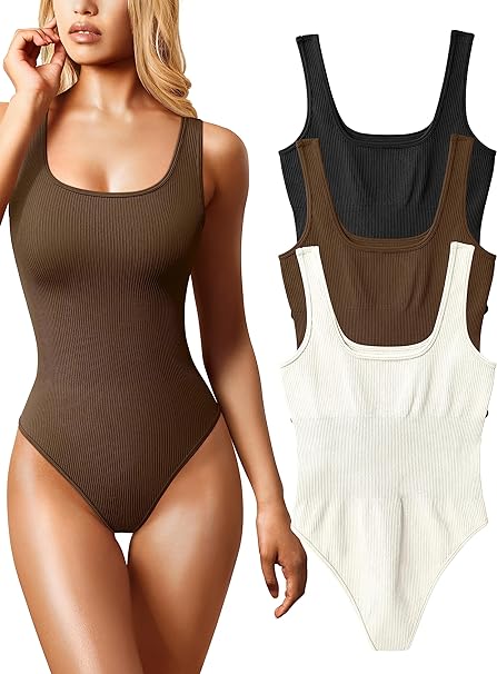 Photo 1 of Large OQQ Women's 3 Piece Bodysuits Sexy Ribbed Sleeveless Square Neck Sleeveless Tank Tops Bodysuits
