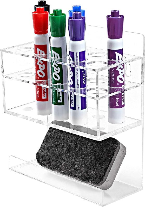 Photo 1 of MyGift Wall Mounted Dry Erase Whiteboard Marker Holder Stand with 10 Marker Slots and Eraser Holder, Clear
