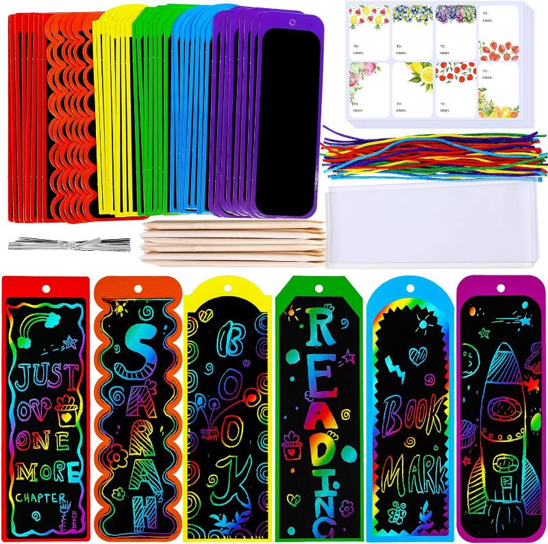 Photo 1 of Winlyn 48 Sets 6 Styles Magic Color Scratch Bookmarks Craft Kits Rainbow Scratch Paper Art Sets for Kids Students Party Favors DIY Bookmarks Bulk with Scratching Tools Ribbons for Classroom Activities

