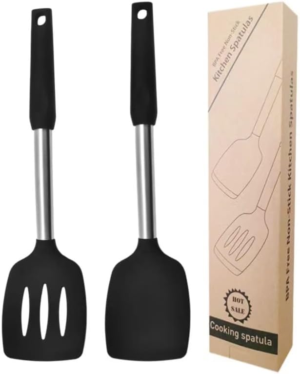 Photo 1 of 2 Pack of Silicone Solid Turner,Non Stick Slotted Kitchen Spatulas,High Heat Resistant BPA Free Cooking Utensils,Ideal Cookware for Fish,Eggs,Pancakes (black)
