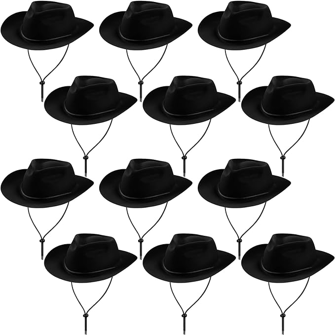 Photo 1 of Hicarer 12 Pieces Western Cowboy Hat Set Plastic Felt Wide Brimmed Felt Cowgirl Party Hats for Men Women Adult Costume Party
