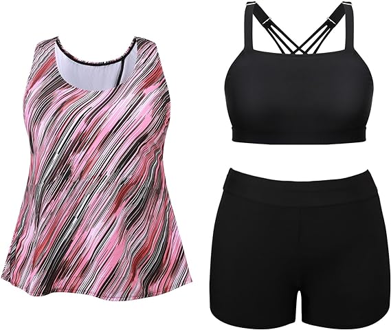 Photo 1 of Summer Mae Women Plus Size 3 Piece Tankini Swimsuits with Boy Shorts Tummy Control Bathing Suits Tank Top with Sports Bra
