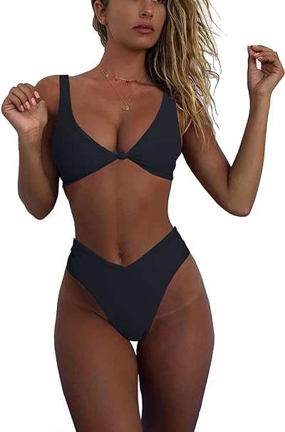Photo 1 of Large Bikini Set for Women Solid V Neck Knot Front Push Up High Leg Thong Two Piece Swimsuit
