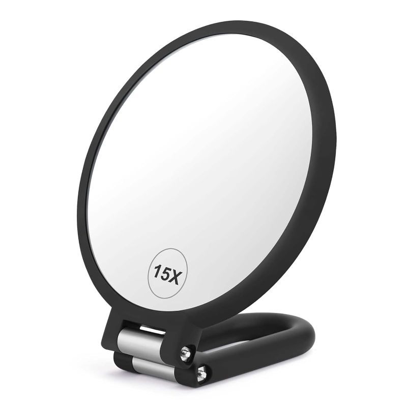 Photo 1 of Magnifying Handheld Mirror Double Sided, 1X 15X Magnification Hand Mirror, Travel Folding Held Adjustable Rotation Pedestal Makeup Desk Vanity
