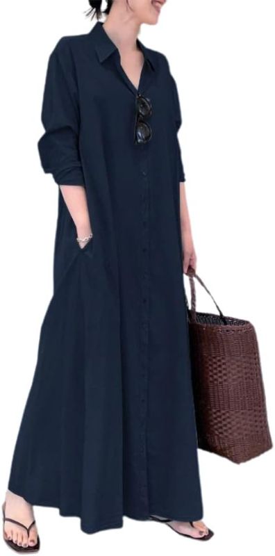 Photo 1 of chouyatou Women's Basic Loose Fit Long Sleeve Button Up Maxi Shirt Dress with Pockets
