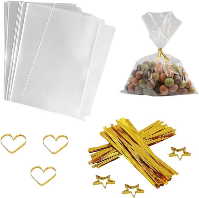 Photo 1 of Clear Treat Bags 100 PCS 6x8 Inch Cellophane Bag Clear Candy Bags with 100PCS Gold Twist Ties for Wedding Gift Cookie Candy
