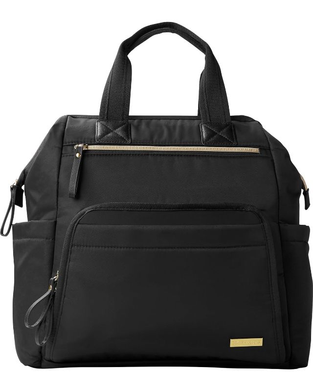 Photo 1 of Skip Hop Diaper Bag Backpack: Mainframe Large Capacity Wide Open Structure with Changing Pad & Stroller Attachement, Black with Gold Trim
