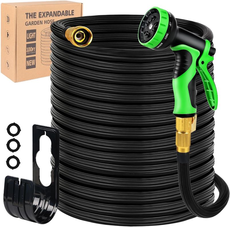 Photo 1 of Expandable Garden Hose 100ft Leak-proof 40 Layers of Innovative Nano Rubber, Lightweight No-kink Flexible Water Pipe with 10 Pattern Nozzle 3/4” Solid Brass Connector Water Hose Black
