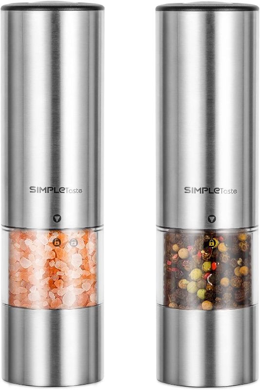 Photo 1 of SIMPLETASTE Electric Salt and Pepper Grinder Set, Automatic One Handed,Stainless Grinders with Lights and Adjustable Coarseness,Battery Operated
