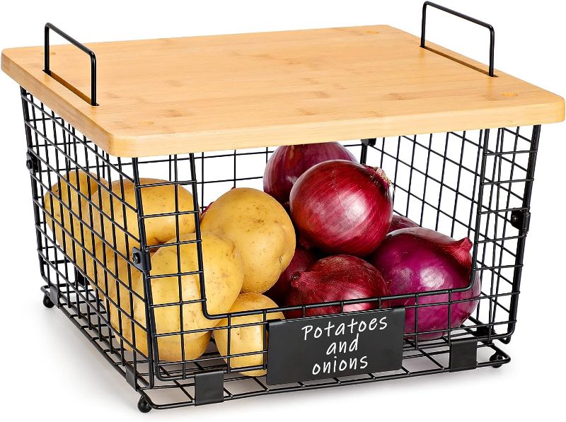 Photo 1 of 1 Set Stackable Wire Basket with Bamboo Top - Pantry, Kitchen Counter Organization and Storage - Cabinet, Shelf, Countertop Space Saving Organizing - Produce, Fruit, Onion, Potato, Bread Organizer Bin
