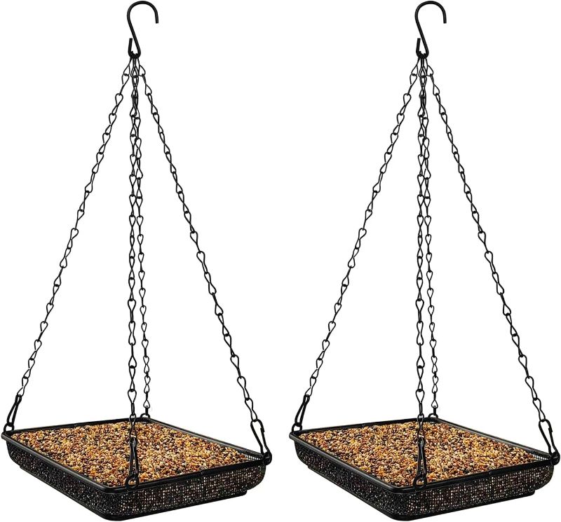 Photo 1 of MIXXIDEA Hanging Bird Feeder Tray Metal Mesh Platform Seed Feeder with Durable Chains for Outdoors Garden Great for Attracting Birds (2 Pack)
