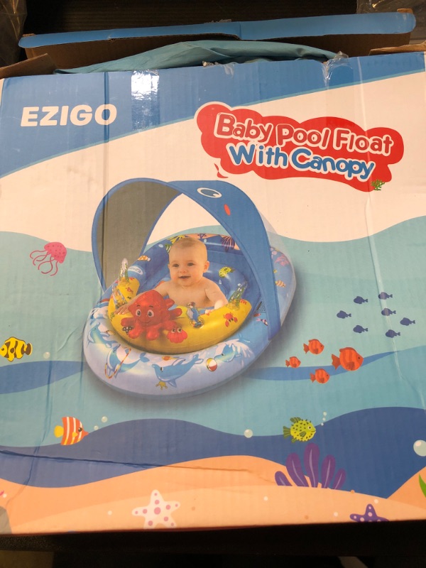 Photo 1 of EZIGO Baby Pool Float with Canopy UPF50+ Sun Protection, Inflatable Kids Pool Float with Ocean Animal Toys for Babies 6-36 Months, Infant Swimming Float with Adjustable Safety Seat for Boys Girls