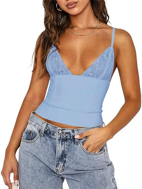 Photo 1 of Annystore Y2K Tops for Women Spaghetti Strap V Neck Lace Camisoles Summer Sleeveless Cami Vests Going Out Crop Tank Top
