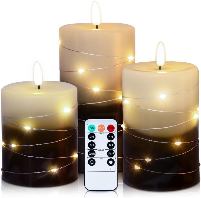 Photo 1 of Flameless Candle, LED Candle, Battery-Powered Candle, Recessed String Lights, Remote Timed Candle Candle, Real Flame Simulation, Christmas Candle, Gradient Grey (3-Pack)
