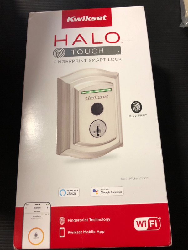 Photo 1 of Kwikset Halo Fingerprint Wi-Fi Smart Door Lock, Keyless Touch Entry Electronic Traditional Deadbolt, No Hub Required App Remote Control, With SmartKey Re-Key Security, Satin Nickel
