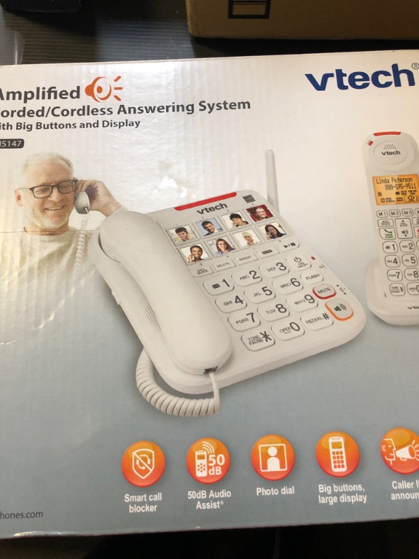 Photo 2 of VTech SN5147 Amplified Corded/Cordless Senior Phone with Answering Machine, Call Blocking, 90dB Extra-loud Visual Ringer, One-touch Audio Assist on Handset up to 50dB, Big Buttons and Large Display