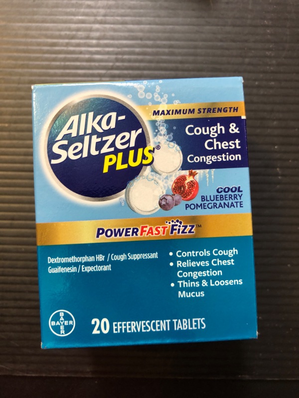 Photo 2 of Exp 6/24 ALKA-SELTZER PLUS Powerfast Fizz, Cough & Chest Congestion Medicine, effervescent Tablets, 20ct Blueberry