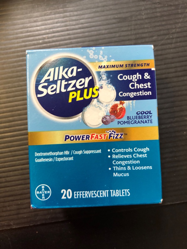 Photo 2 of Exp 6/24 ALKA-SELTZER PLUS Powerfast Fizz, Cough & Chest Congestion Medicine, effervescent Tablets, 20ct Blueberry