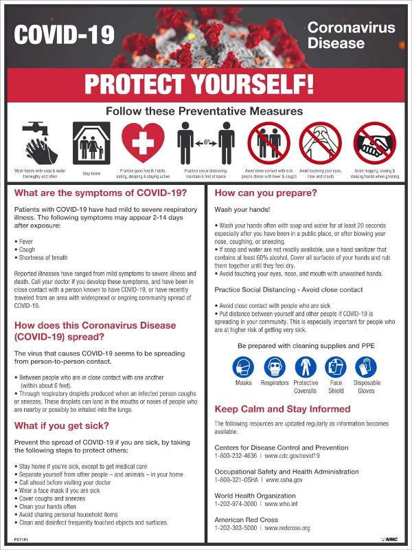 Photo 1 of NMC PST141C"Protect Yourself!" Illness Prevention Poster, Vinyl, 18" x 12" English 18" x 12" Unrippable Vinyl Bundle 