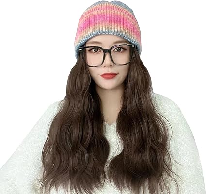 Photo 1 of Beanie Hats for Women with Hair Wig Attached Winter Hats Knit Cap with Hair Womens and Girls Fashion Snow Cap Black Hat - Short Hair