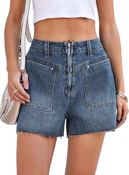 Photo 1 of Cicy Bell Women's High Waisted Jean Shorts Casual Raw Hem Zip Up Denim Shorts with Pockets Small