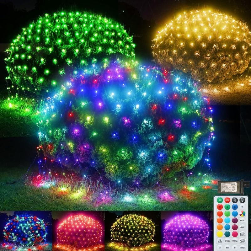 Photo 1 of RGB Net Lights, Color Changing Outdoor LED Christmas Mesh Lights, 9.8ft x 6.6ft 204 LED Net Light Decorations, Connectable Plug in Waterproof Tree Christmas Light Bushes Wedding Garden Decor

